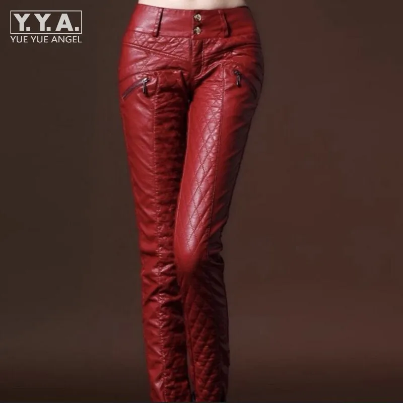 New Chic Winter Womens Faux Leather Slim Fit Pants Warm Trousers Leggings Skinny PU Leather Women Pants Female Fashion Trousers