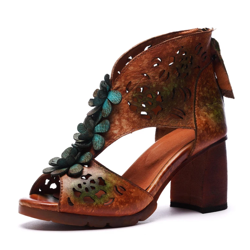 

Summer sandals leather shoes women sandals flower engraveing hollow beach sandals high heels ladies shoes size 35-42