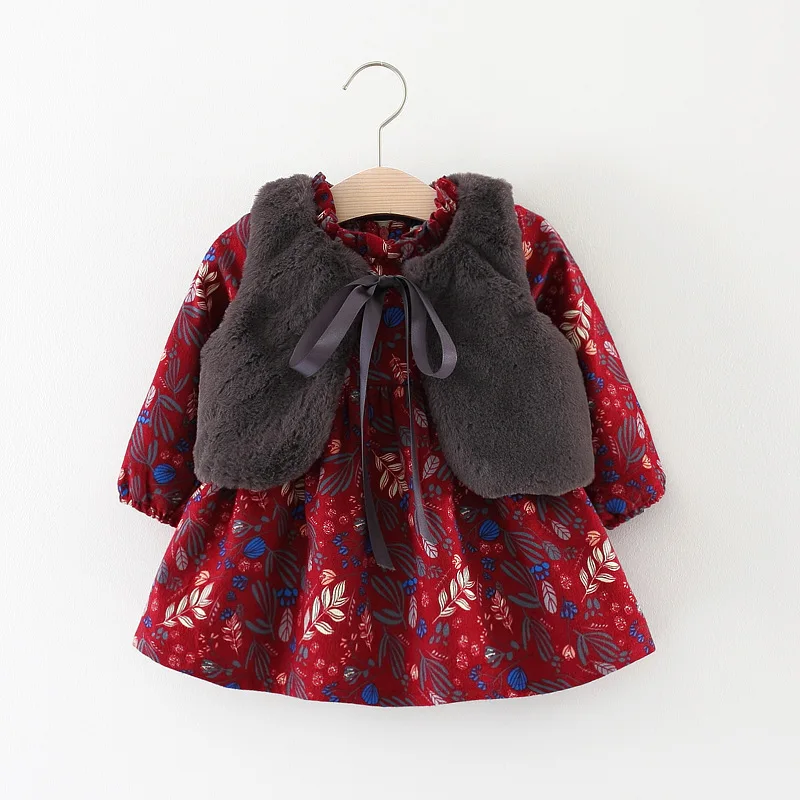 

Fashion new 2017 baby infant princess dress + fur vest,girls winter floral dress newborns clothes sets