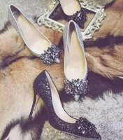 new fashion crystal high heel shoes sexy pointed toe silver glitter wedding pumps woman thin heels pumps black