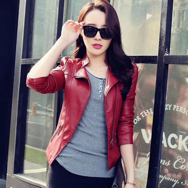 Женская куртка из искусственной кожи на молнии демисезонная короткая верхняя