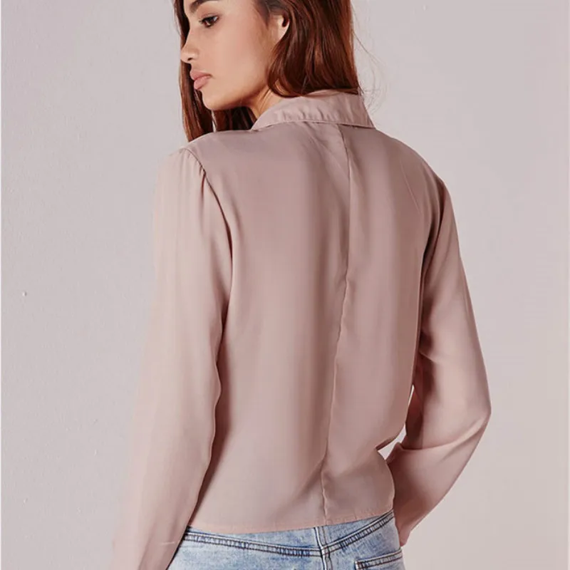 2019 Spring and Summer Tie Bow Blouse Coat Female V-neck Sexy Long-sleeved Solid Color Wild Loose |