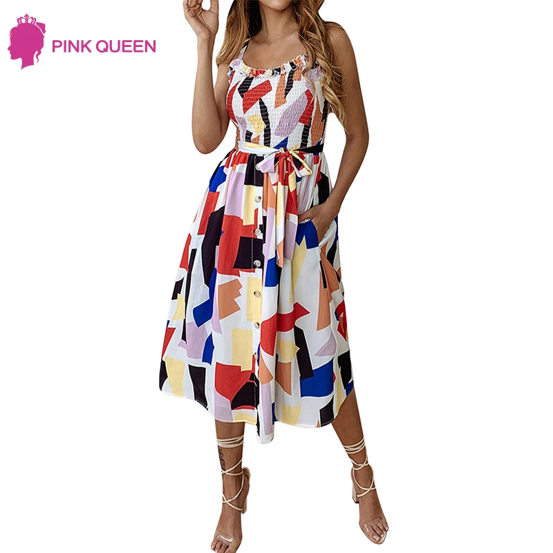 Модное летнее женское платье с принтом подсолнуха 2019 на пуговицах оборками