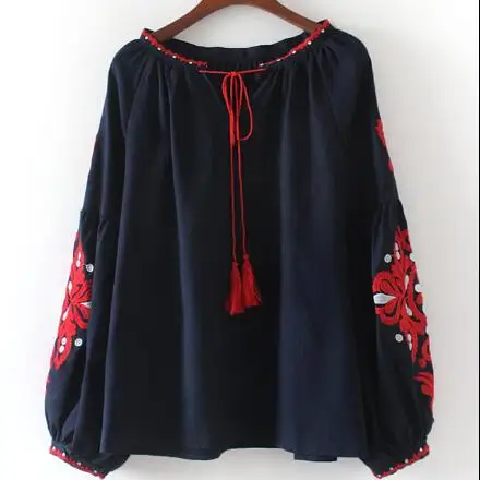 Хлопковая льняная блузка с вышивкой Boho летние женские блузки длинным рукавом