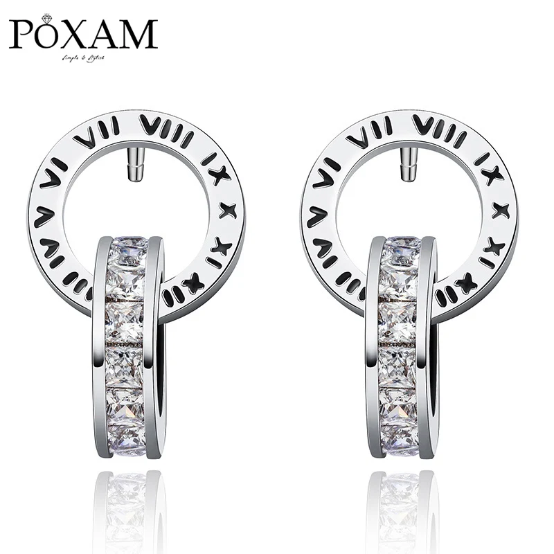 Silver POXAM, модные роскошные римские цифры, круглые, пересекающиеся кристаллы, маленькие серьги-гвоздики для женщин, мужчин, панков, мальчиков и девочек, серьги, ювелирные изделия - Окраска металла: Silver
