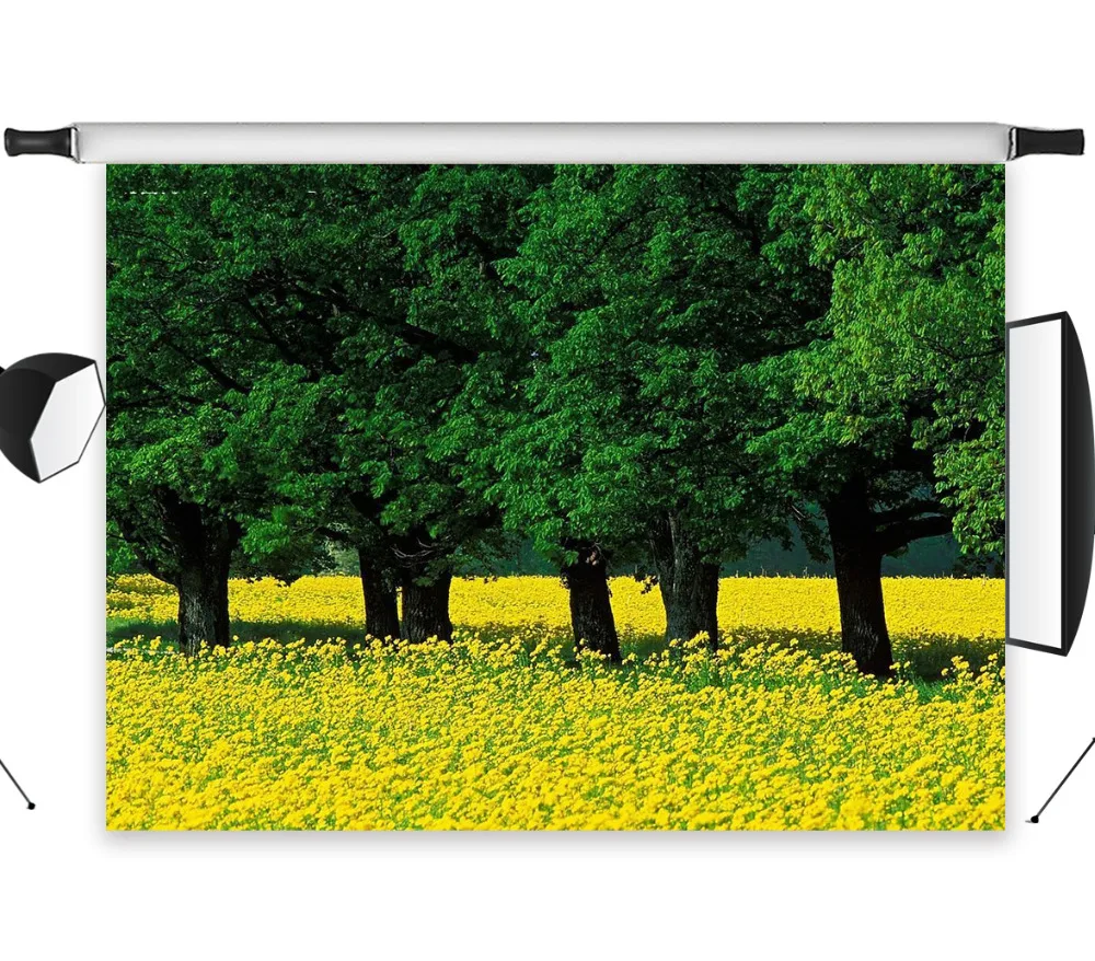 LB Polyester &amp Vinyl Photo Background Photography Backdrops Backgrounds For Studio Beautiful Yellow Rape Field Green Trees |