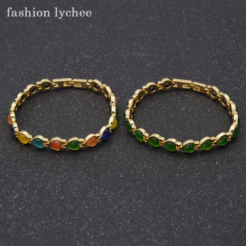 Мода Личи магнитного здравоохранения Золото Любовь браслет ювелирных изделий для Для женщин в форме сердца мульти цветной "кошачий глаз" камень браслет