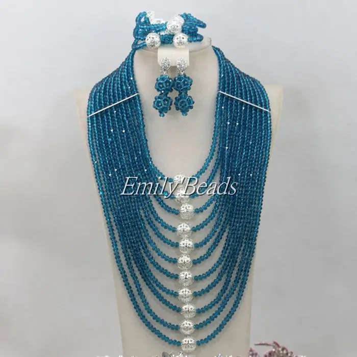 Бирюзовый синий свадебный комплект ювелирных изделий серебряные нигерийские