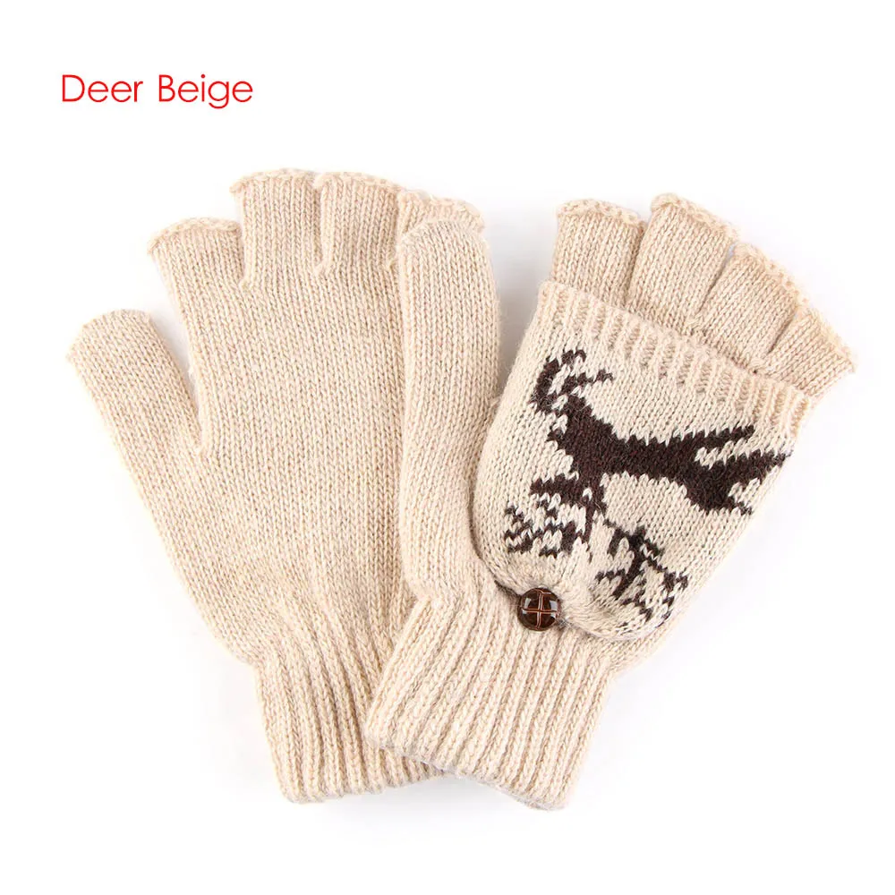 Deer beige Женские Модные Рождественские новые зимние теплые перчатки, варежки без пальцев, зимние перчатки из конопли с цветами, снежные перчатки с оленем - Цвет: Deer beige