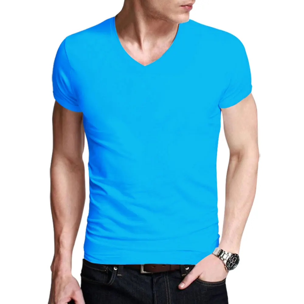 Футболка мужская с V образным вырезом Классическая эластичная Облегающая