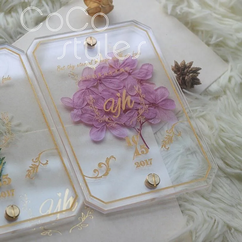 Cocostyles custom personalized gold silk screen lucid acrylic invitation card with forever flower for garden wedding | Дом и сад