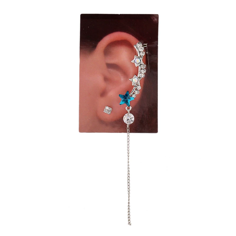 left ear silver Бахромой синий манжета для уха со звездой Клип Модный прозрачный кристалл цинковый сплав серьги панк цепи ювелирные изделия женские подарочные клипсы - Окраска металла: left ear silver