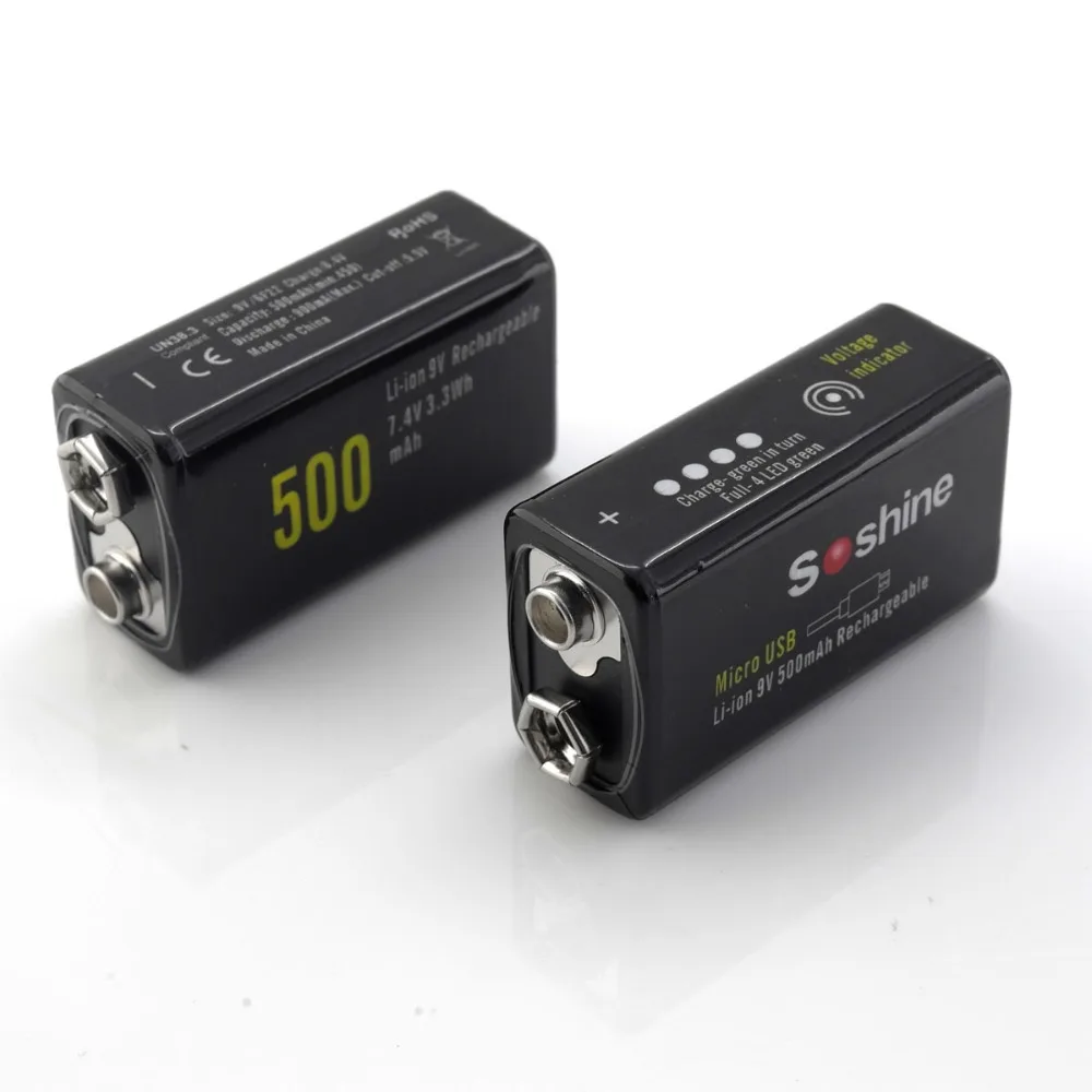 Литий-ионный аккумулятор Soshine 9 в 500 мАч с встроенным портом Micro USB 2 способа зарядки