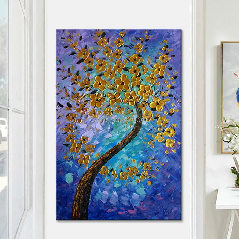 Современная палитра с ручной росписью нож 3D текстура цветы и дерево на холсте