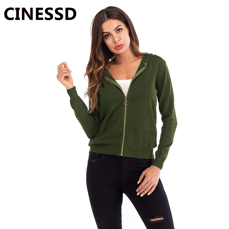 Женская трикотажная куртка с капюшоном и длинным рукавом на молнии | одежда