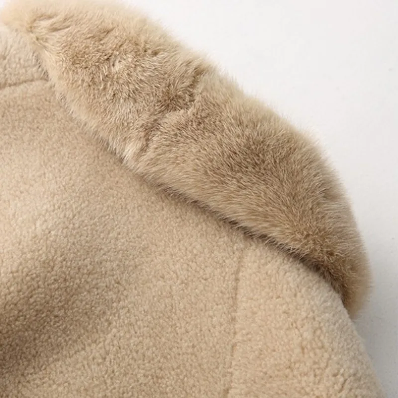 

Spring New Shearling Overcoat Women Long Style Mink Fur Collar Sheep Fur Coat Women Luxury Turn-down Collar LooseReal Fur Jacket