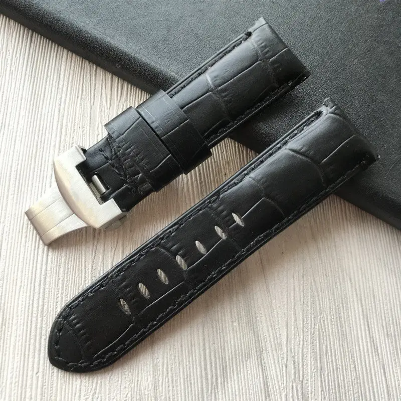 black silver clasp 24 мм ручной работы черного и синего цвета прошитый ремешок из натуральной телячьей кожи ремешок для наручных часов с пряжкой ремешок для наручных часов Panerai PAM - Цвет ремешка: black silver clasp