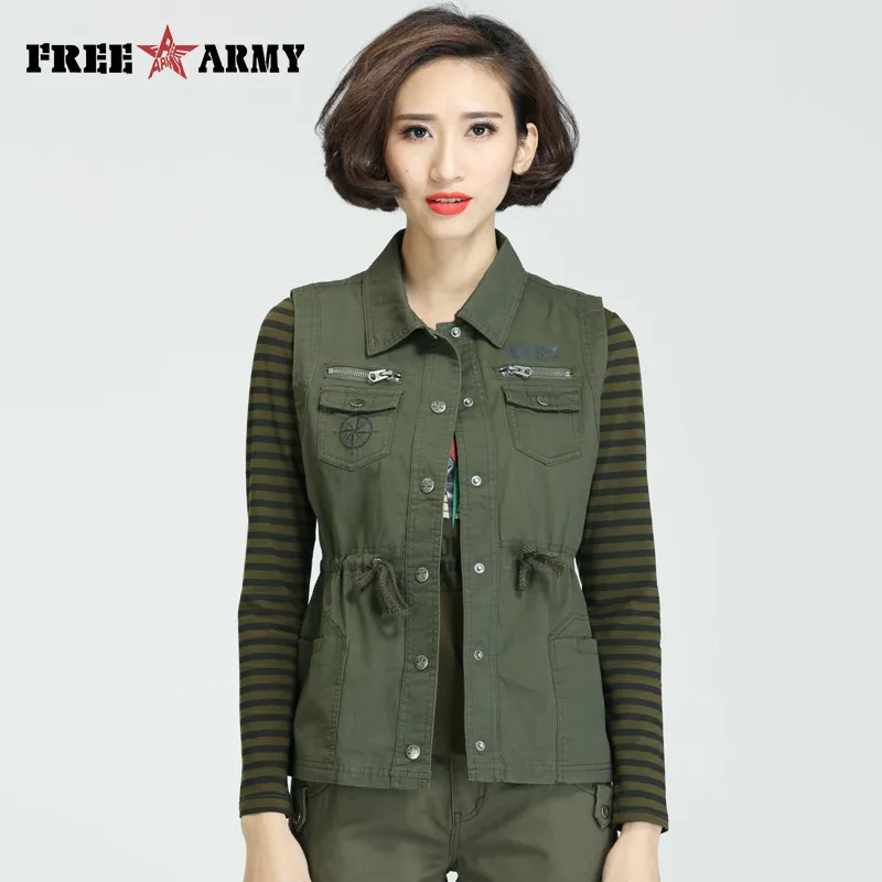 ARMY GREEN FREEARMY брендовый Осенний жилет для женщин, жилет в стиле милитари, тонкие пальто для женщин без рукавов размера плюс, жилеты, верхняя одежда и пальто - Цвет: ARMY GREEN