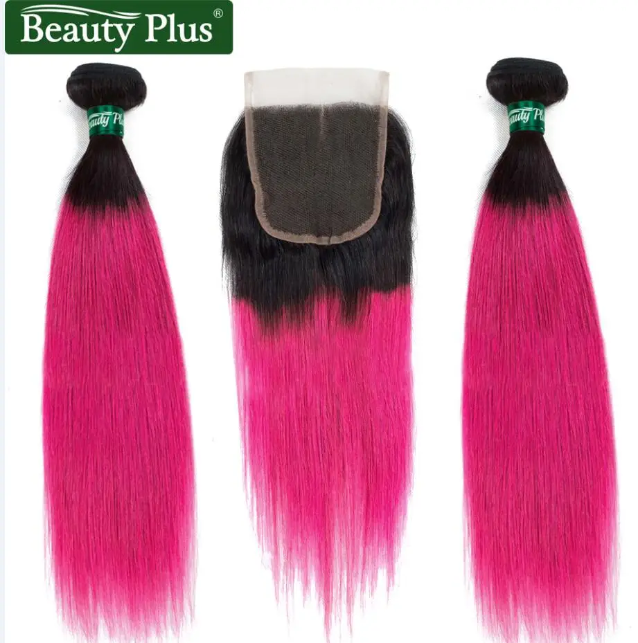 Ombre Bundles With Closure Peruvian Straight Human Hair Weave Beauty Plus Nonremy Blue Green Pink Blonde 2 Bundles With Closure - Цвет: 1B Pink