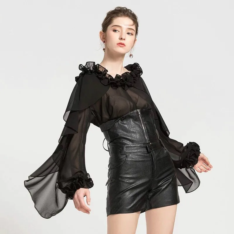 

New High Street Women's Sexy Perspective Blouse 2018 Summer Designer Tops Long Petal Sleeve Ruffles O-neck Slim Beach Shirts Hot