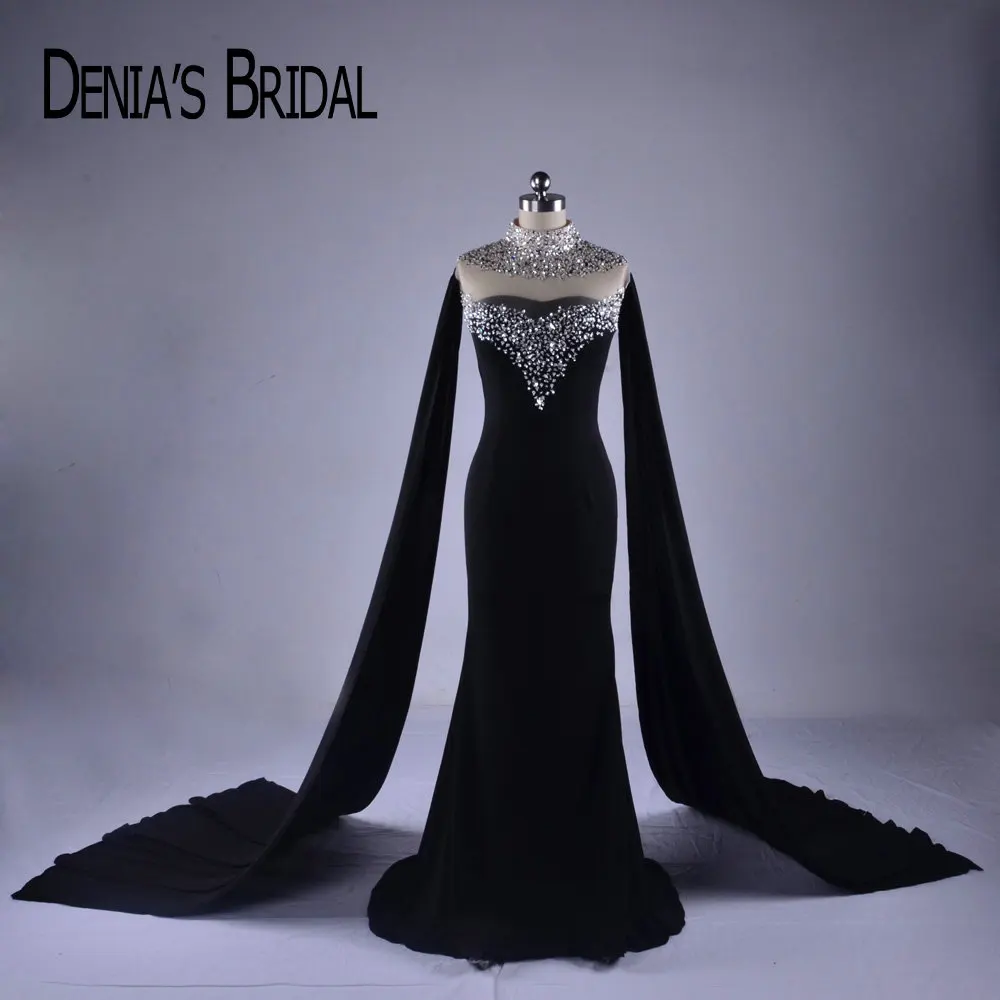 2020 Black High Neck Evening Dresses Real Image Mermaid Beaded Sequins Sweep Train Gowns | Свадьбы и торжества