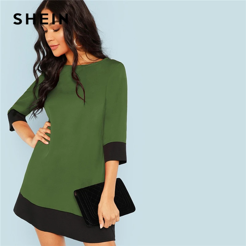 SHEIN Платье-Туника С Контрастным Низом Осенние Современные Женские Платья С Рукавом Три Четверти