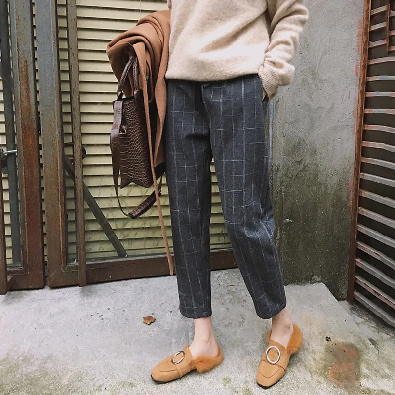 Женские клетчатые шаровары с высокой талией свободные брюки до щиколотки