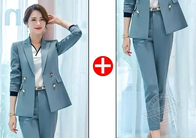 pantsuitBLUE Модные синие брюки костюмы двубортный женский формальный бизнес с длинным рукавом Тонкий Блейзер и брюки офисная Дамская Рабочая одежда - Цвет: pantsuitBLUE
