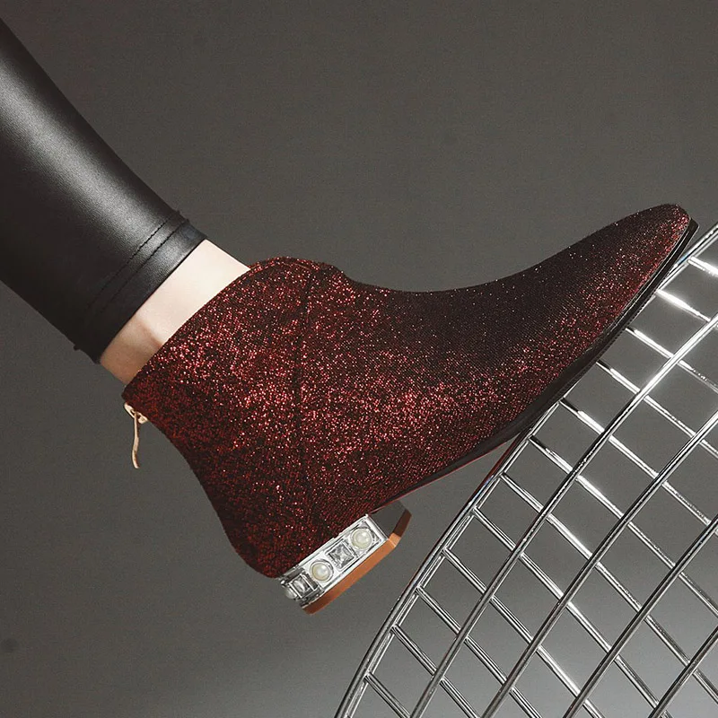 Женские ботильоны с острым носком и жемчугом на низком каблуке|Женские