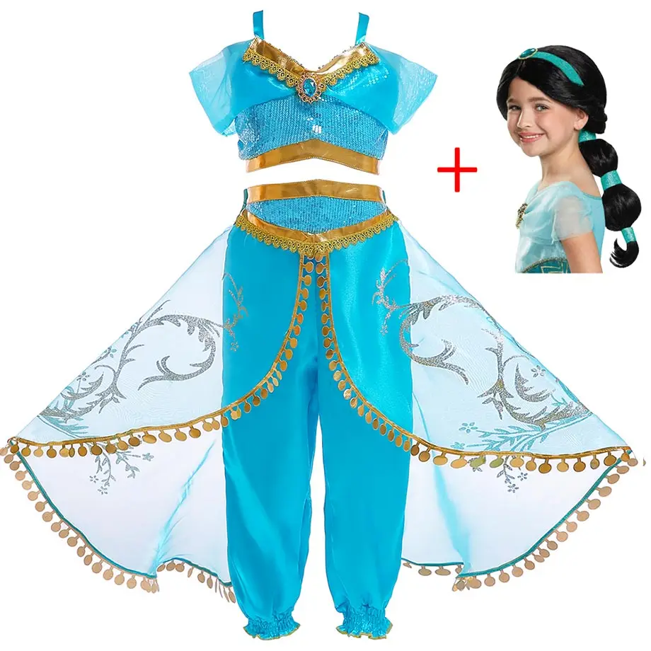 Dress with Wig Жасмин и костюм Аладдина Косплей Дети Девушка Жасмин Костюмы красивый наряд вверх костюм партии наборы могут выбрать парик - Цвет: Dress with Wig