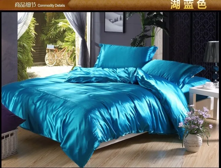 

Luxury lake blue silk bedding set satin sheets super king queen full size double quilt duvet cover bed linen bedspreads bedsheet