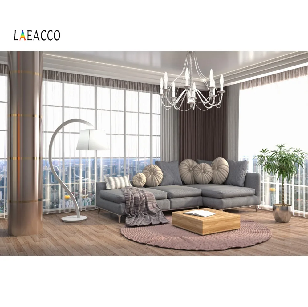 Laeacco Фото фоны гостиная диван люстра французское окно ковер интерьер