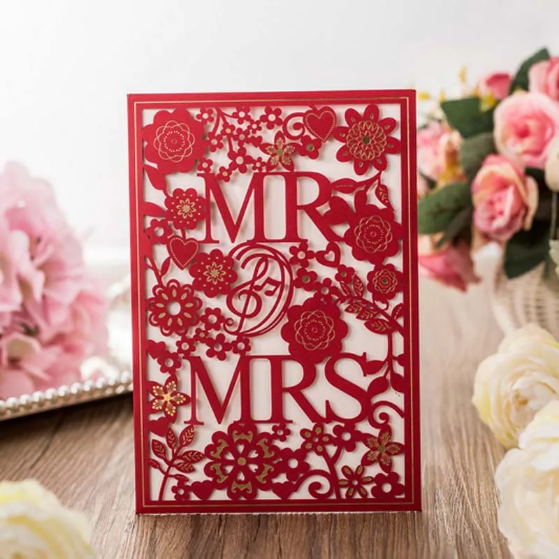 10 pieces/lot) Laser Cut MR&MRS Wedding Invitations With Gold Foil Flowers White Red Engagement Invitation Cards CX029 - Цвет: Red