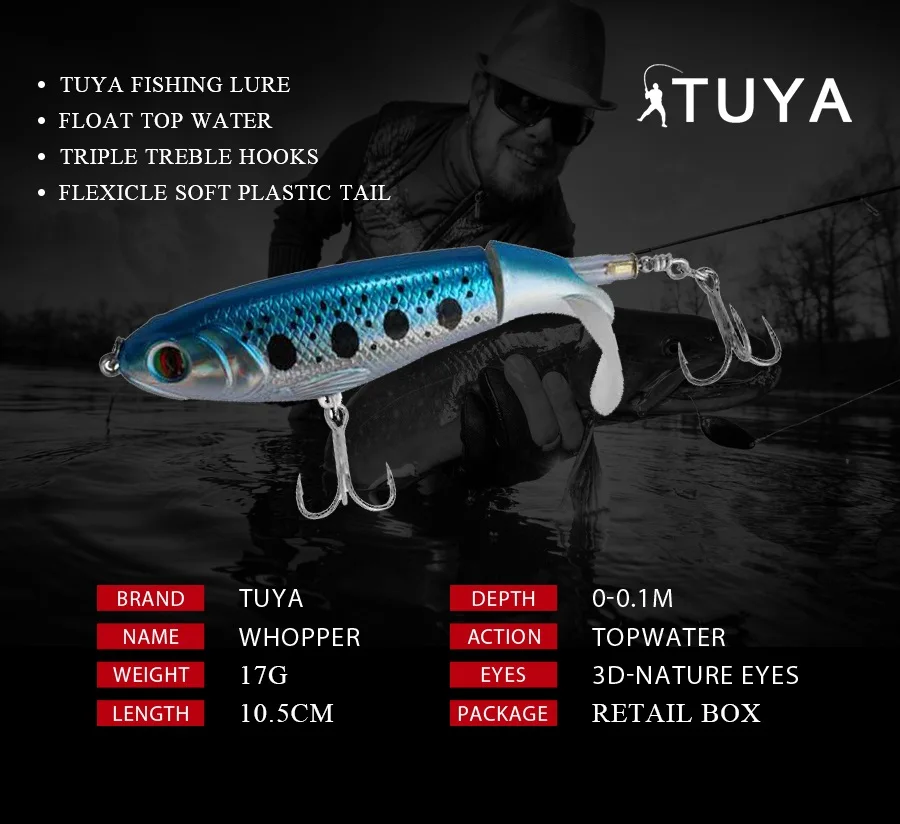 TUYA вращающийся хвост Topwater Воблер Поппер приманки для ловли на блесну гольян whopper plopper бионическая рыба искусственная приманка 10,5 см 17 г