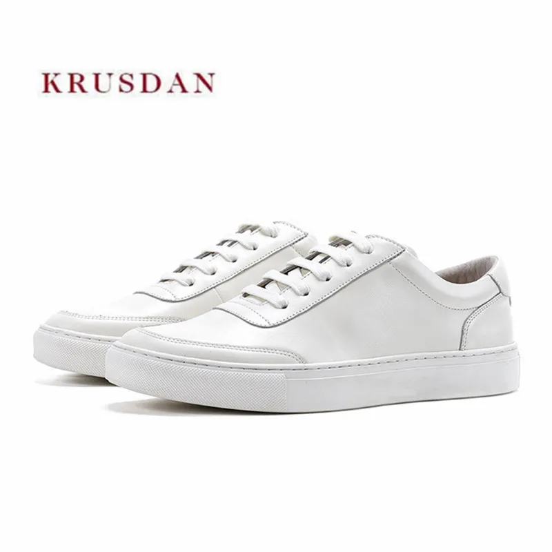 KRUSDAN Men Shoes Genuine Leather Casual White Sneakers 2018 Summer Handmade Vulcanized Walking Men's Lace Up Sports Flats | Обувь