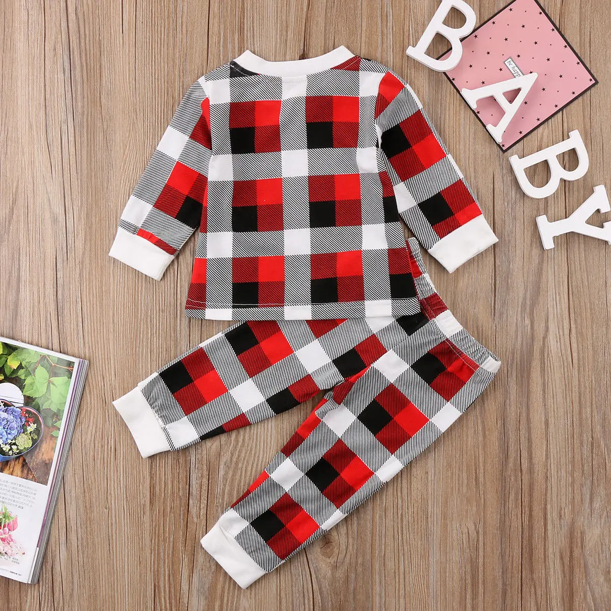 Baby Boys Girls Unisex T-shirt Pant Set Newborn Infant Plaid Long Sleeve Red Lattice Cotton Pants Outfits HOT | Детская одежда и