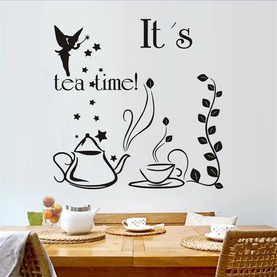 It's Tea Time Fairy With Wand Teapot And Cup Creative Design Diy Wall Stickers Kitchen Decal Home Decor Restaurant Decoration | Дом и сад