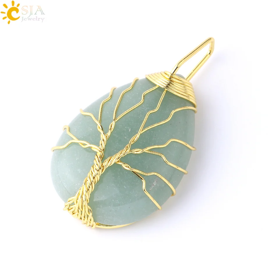 Green Aventurine A CSJA Дерево жизни ожерелье натуральный камень кулон золотой цвет проволока обертывание драгоценный камень розовый с кварцевым тигровым глазом зеленый авантюрин подвеска E585 - Окраска металла: Green Aventurine A
