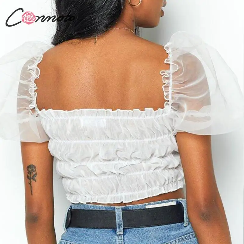 Conmoto Short Sexy White Blouse Mesh Women Crop Top Shirt Puff Sleeve Shirts Winter 2019 Casual Blusa Mujer |