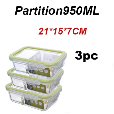 Partition-950ml 3PC Стеклянный Ланч-бокс для микроволновой печи с подогревом Холодильный запаянный герметичный контейнер для еды прозрачный боросиликатный пищевой контейнер - Цвет: Partition-950ml 3PC