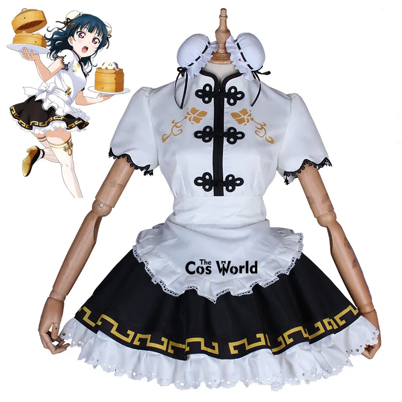 Любовь Live Sunshine Tsushima Yoshiko Cheongsam платье горничной фартук униформа наряд Аниме