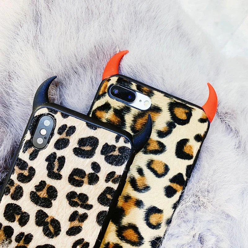 VIAERSON Devil Horn Cases For iPhone XS Max XR 6 6S 7 8 Plus Vintage Leopard Print Full Body Soft Fluffy Phone Back Cover |