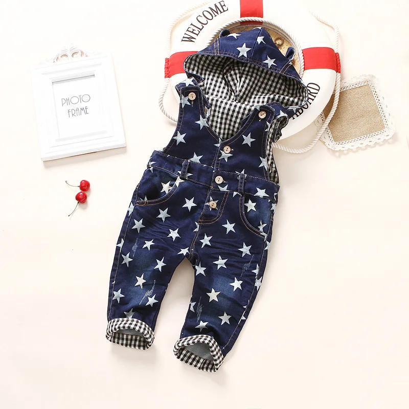 Детский джинсовый комбинезон со звездами с капюшоном для мальчиков и девочек на