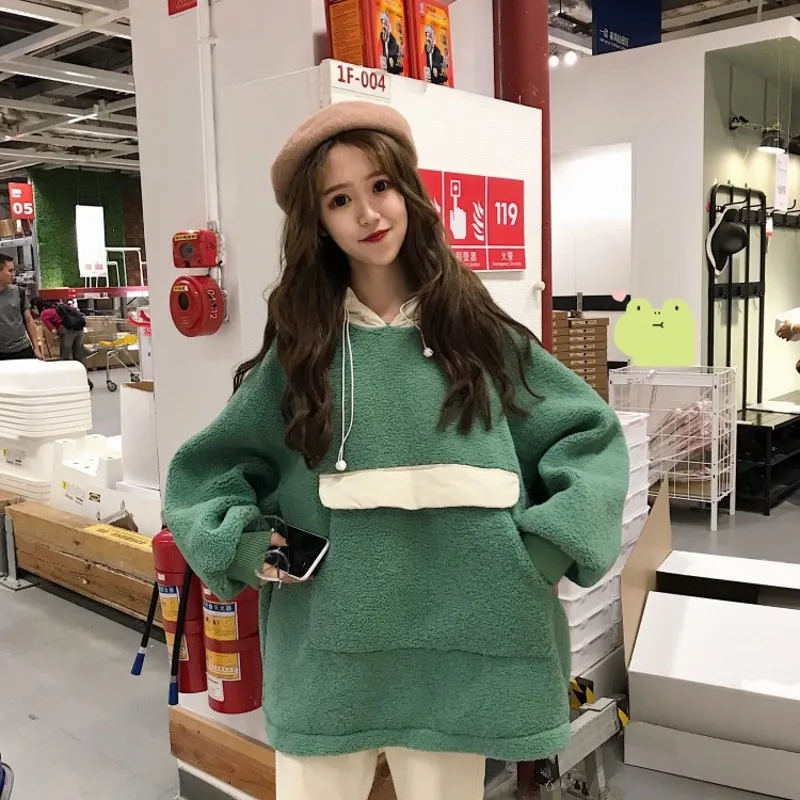 

Japan Style Harajuku Letter 2019 Hooded Sweatshirts Women Woolen Loose Pullovers Hoodies Long Sleeve Streetwear With Pockets