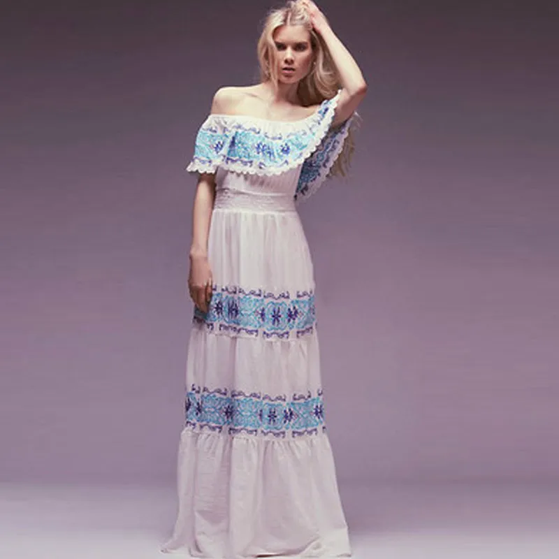 BOHO PEOPLE Elegant Women Sexy Off Shoulder Floral Embroidery Dressy Long Dress Lace Patchwork Floor Length Behemia Vestidos | Женская