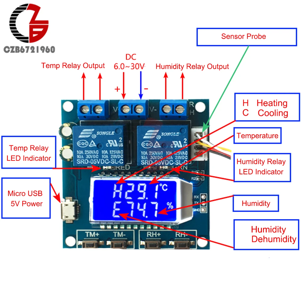 DC 6V 30V LCD цифровой термостат гумидистат регулятор температуры и влажности