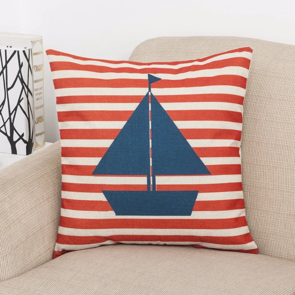 Наволочка для подушки в синюю полоску с рисунком якоря морской корабля
