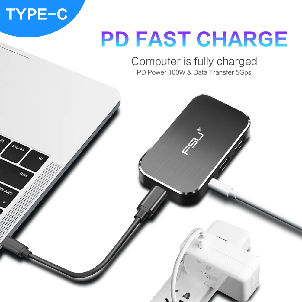 Thunderbolt 3 концентратор USB C 5x1 порт конвертер 4k HD 1080P Тип к HDMI 0 Быстрая зарядка черный