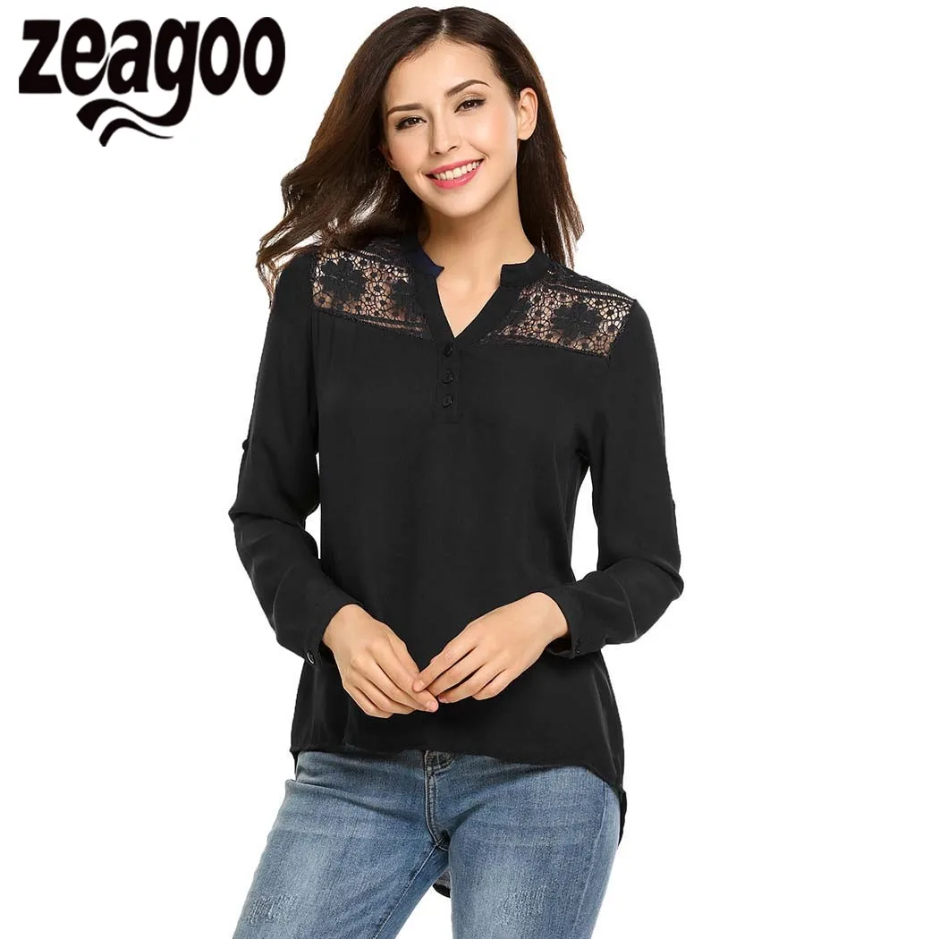 Zeagoo 2018 Summer Autumn Women V-Neck Sleeve ladies Fashion Elegant Blouses Lace Patchwork Blouse Shirt Casual Top |