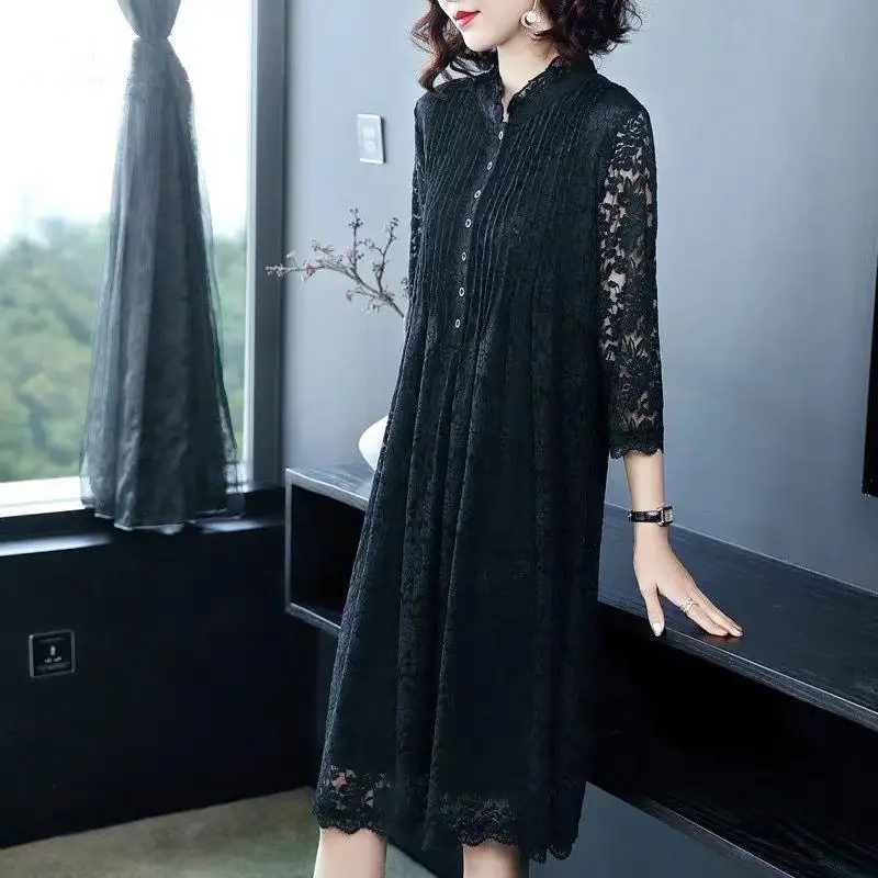 

2019 Spring Autumn Women's Lace Dresses Solid Color Ruched Three Quarter Sleeve Vestido Casual Slim Pleated A-Line Dresses D283